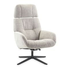 Zijaanzicht comfortabele beige draaifauteuil Mantuia van in house met zwart metalen voet. 