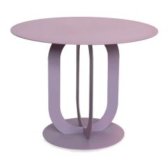 Ronde metalen salontafel in een trendy lila kleur met een uniek geometrisch onderstel.