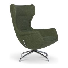 Groene draaifauteuil Puuro met hoge rugleuning, zijaanzicht, op een metalen draaivoet.