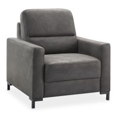 Fauteuil Mirtho met hoge rug, strakke armleuningen, bekleed met antracietkleurig microleder, met zwart metalen poten, vooraanzicht.