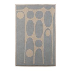 Abstracte wanddecoratie met blauwe en beige vormen op canvas in een houten frame.