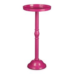 Fuchsia-roze bijzettafel met rond blad en elegante, sierlijke poot in het midden.