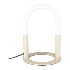 Arch tafellamp van Zuiver, beige met witte verlichting, vrijstaand gefotografeerd.