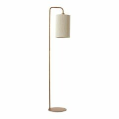 Vloerlamp Narok met kap van touw en metalen voet met naturelkleurige houtprint, close-up van de kap.