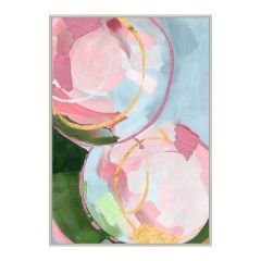 Abstract schilderij "Pink Circles" van Ter Halle met roze, blauwe en groene tinten, afgewerkt met goudfolie accenten.