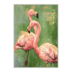 Wanddecoratie met twee roze flamingo’s tegen een groen canvas met goudfolie accenten. De vogels staan sierlijk naast elkaar.