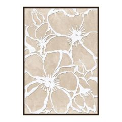 Canvas Flowers met beige en witte bloemen, gemaakt van canvas en foam, inclusief minimalistische lijst.