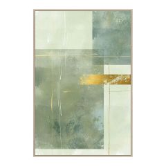 Wanddecoratie Green Fields met abstracte groentinten en goudfolie, inclusief minimalistische lijst.