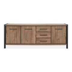 Dressoir Mantera in dark Mango met zwart metalen frame, voorzien van 3 deuren en 3 laden, 240 cm breed.