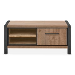 TV-meubel Mantera in dark mango met zwart metalen frame, één deur en twee open vakken.