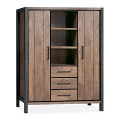 Opbergkast Mantera in dark mango melamine met massief hout uitstraling, zwart metalen frame, 2 deuren, 3 laden en 3 open vakken.