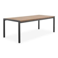 Eettafel Mantera met melamine blad in dark mango, zwart metalen frame, geschikt voor zes personen.