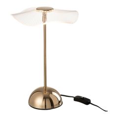 Elegante tafellamp met gouden voet en golvende glazen kap, geschikt voor modern interieur.