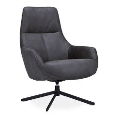 Elegante draaifauteuil in donkergrijs microleder met 4-teens zwart metalen draaipoot, zijaanzicht.