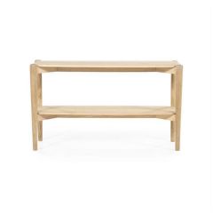 Frontale aanblik van het Eleonora dressoir Selbu, een open kast met twee ruime planken en afgeronde hoeken, gemaakt van naturel hout.