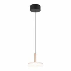 Hanglamp Celeste in koperkleur met een matte glazen kap, hangend aan een zwart snoer en een zwarte plafondkap.