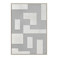 Abstracte wanddecoratie Kolding met geometrische vormen in wit en grijs, omlijst in een subtiele beige lijst, ideaal voor een modern interieur.