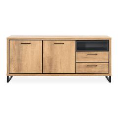 Dressoir Imbaro met mango decor, voorzien van twee deuren, twee lades en een open vak.