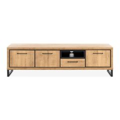 TV-meubel Imbaro 178 cm breed met mango decor, met drie deuren, een lade en een open vak.