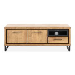 TV-meubel Imbaro van 136 cm breed met mango decor, met twee deuren, één lade en een open vak, modern design met zwart metalen frame.