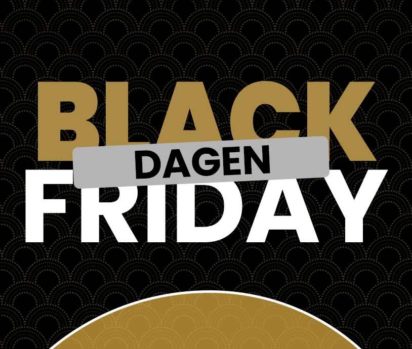 Black Friday promotiebanner van Home Center met de tekst 'Black Dagen Friday' in goud, zwart en wit design