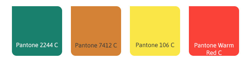 kleurenkaart met blokken in de kleuren: zachtgroen, zachtoranje, lichtgeel en felrood