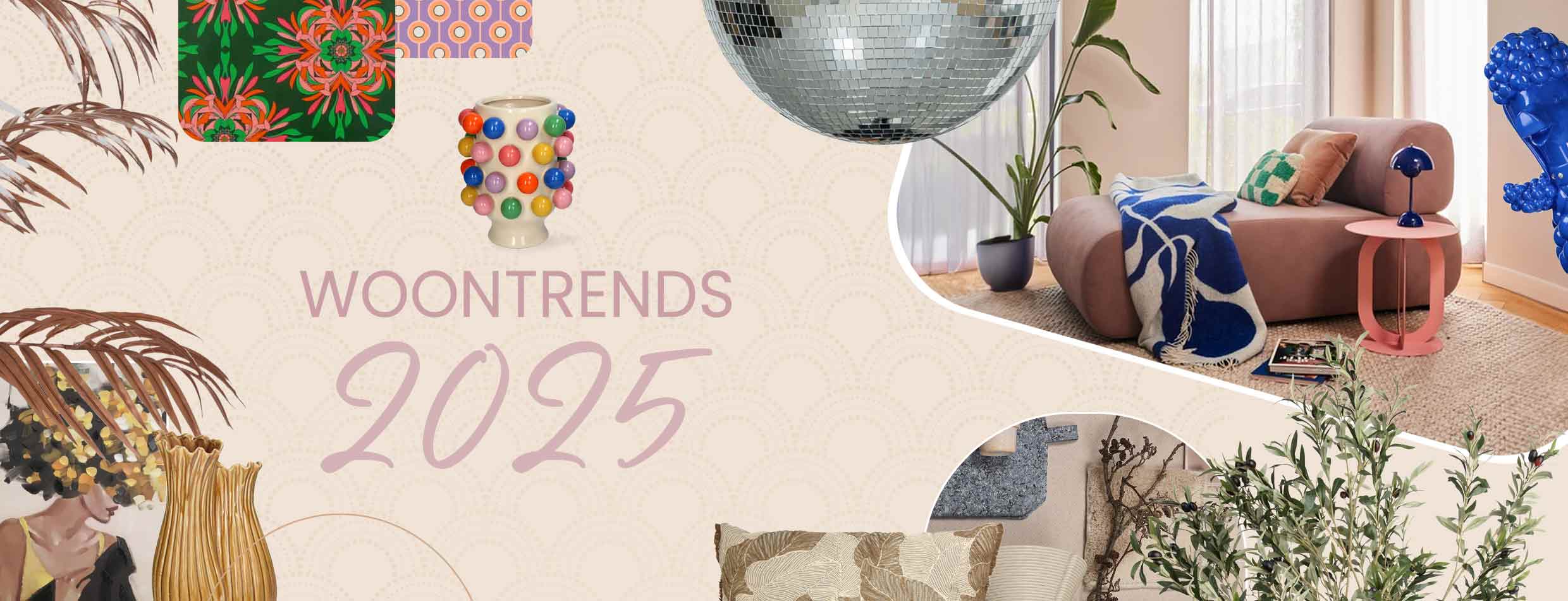 Collage van woontrends 2025 met kleurrijke decoratie, retro elementen en moderne interieuraccessoires.