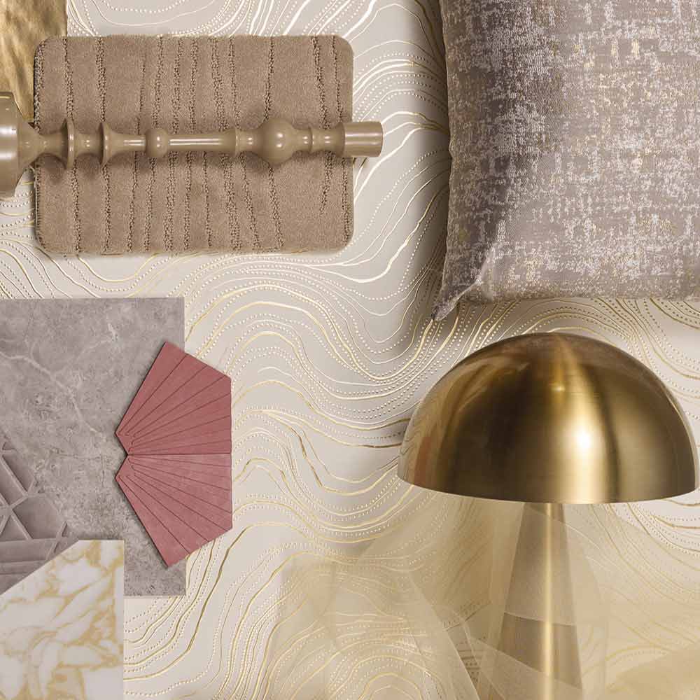 Stijlvolle compositie van beige en gouden interieurmaterialen, inclusief een gouden lamp, stoffen en decoratieve elementen, geïnspireerd door de Neo Narrative woontrend 2025