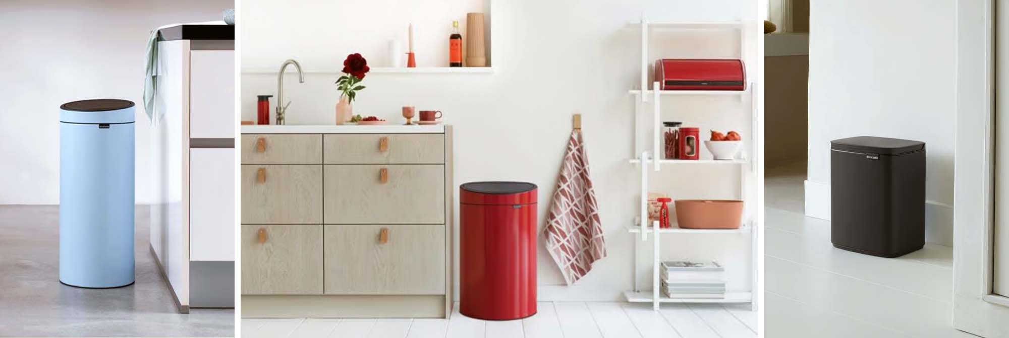 Brabantia afvalbakken in verschillende kleuren en stijlen, ideaal voor moderne keukens en interieurinrichtingen, met een focus op functionaliteit en design.