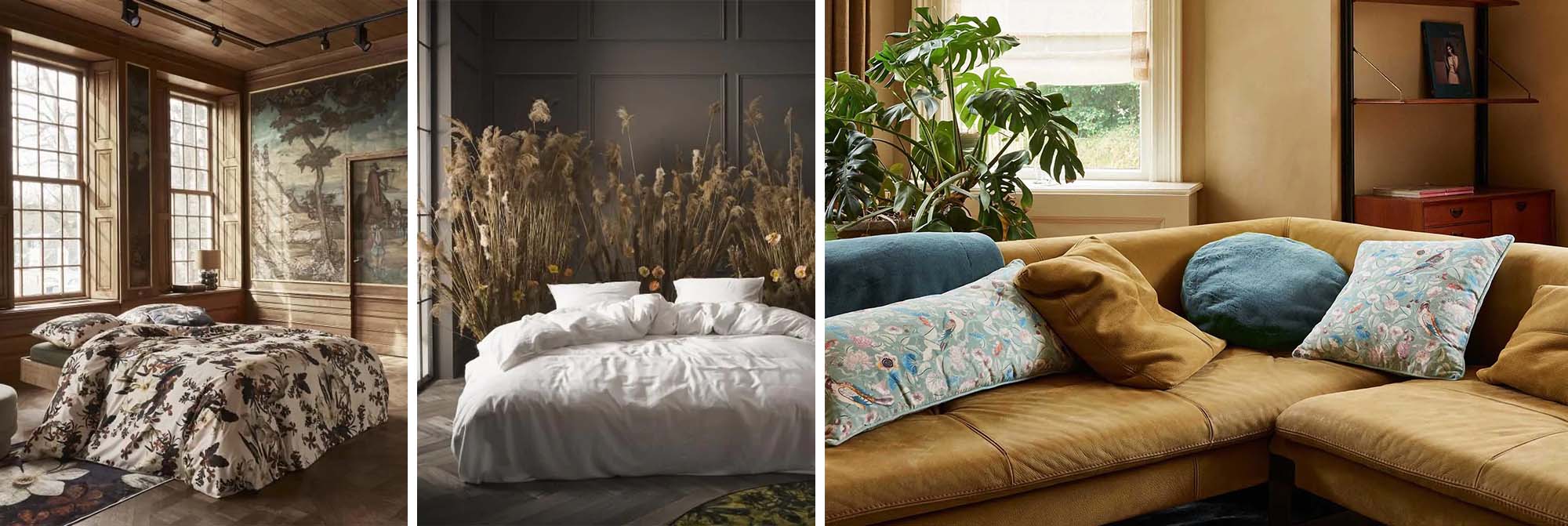 Essenza Home slaapkamer en woonkamer inspiratie met bloemenprints op beddengoed, neutrale tinten en een zachte fluwelen bank met decoratieve kussens.