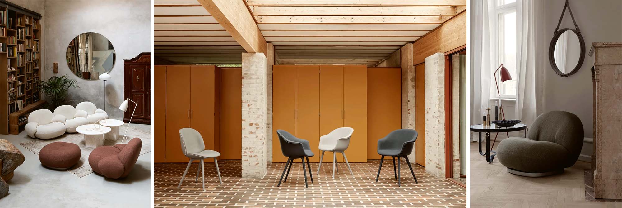 Een drieluik met interieurinspiratie met iconische ontwerpen van Gubi: een witte modulaire bank, organisch gevormde fauteuils en bijzettafels in een sfeervolle setting.