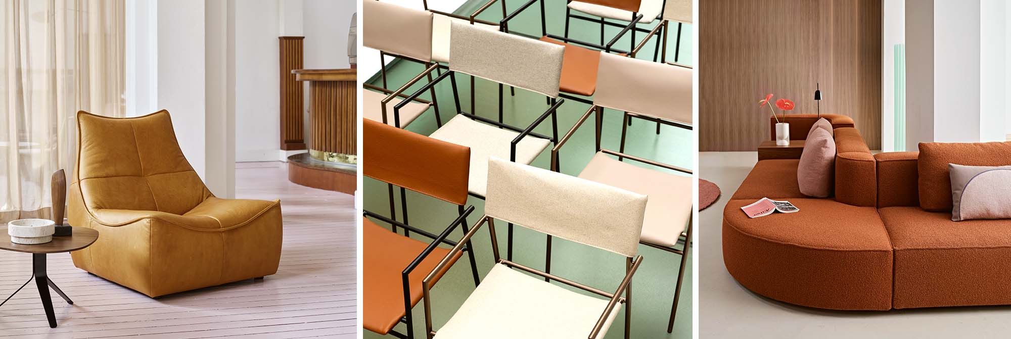 Montis interieurinspiratie met een moderne leren loungestoel in okergeel, strakke stoelen in zachte tinten en een modulaire oranje bank, passend in een eigentijds en stijlvol interieur.