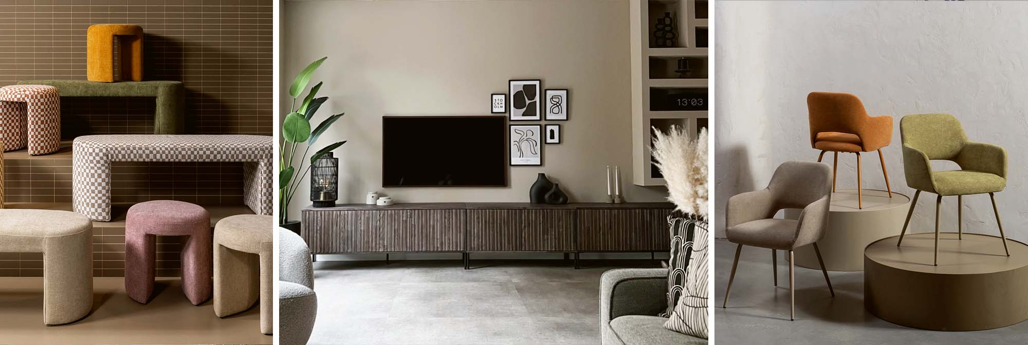 Moderne wooninspiratie van WOOOD met speelse krukken en banken in kleurrijke stoffen, een minimalistisch TV-meubel en stijlvolle stoelen in warme aardetinten, passend in een eigentijds interieur.